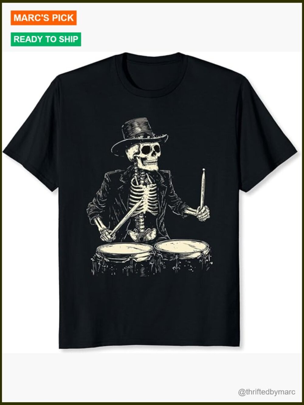 Men's Skeleton Drummer Graphic Cotton T-Shirt Regular Fit Rock Music Tee